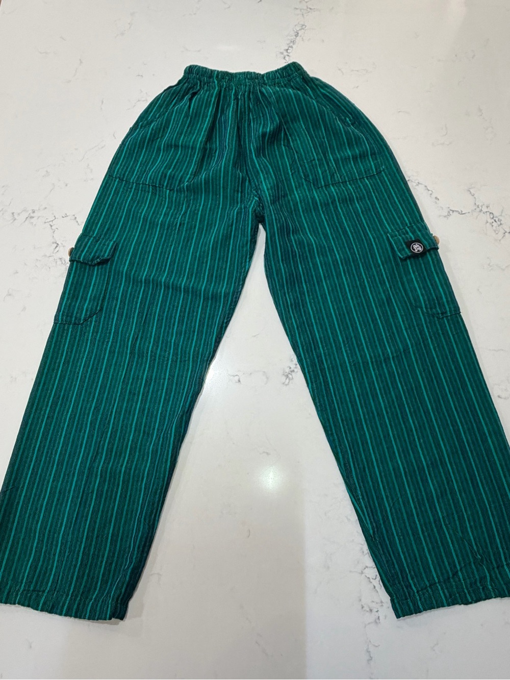 Boho Green Striped Cargo Pants Elastic Waist Medium Peru